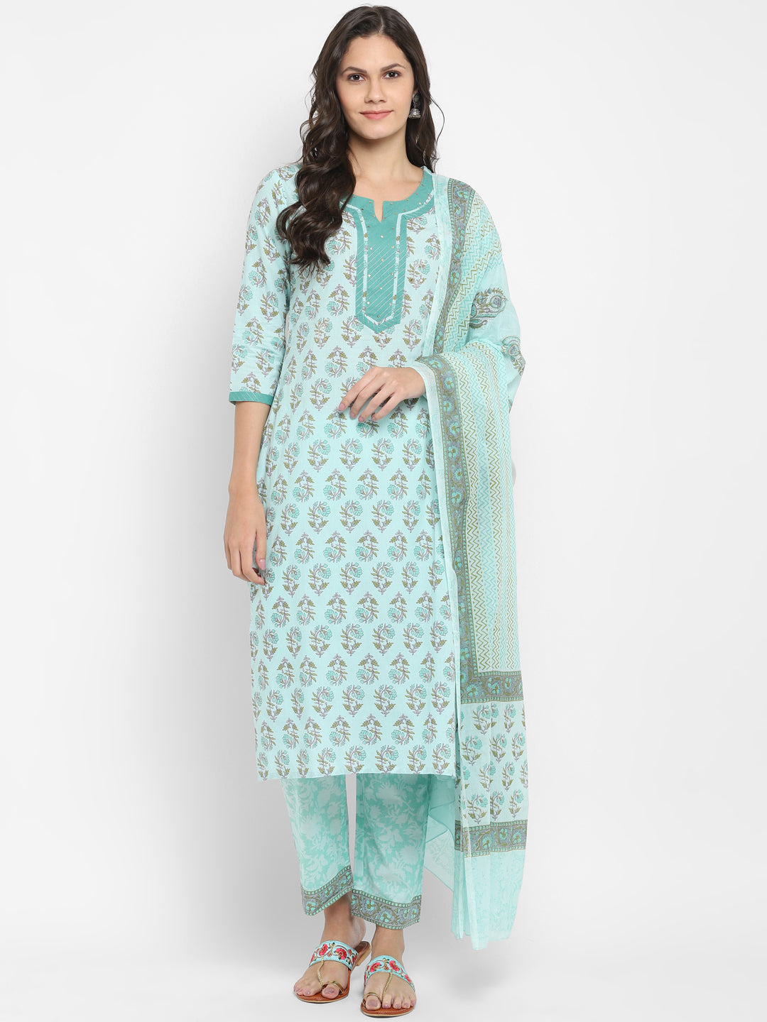 NOZ2TOZ Women Aqua Blue Printed Cotton Kurta with Pants & Dupatta (3 Pc Set) - Swadesiicart