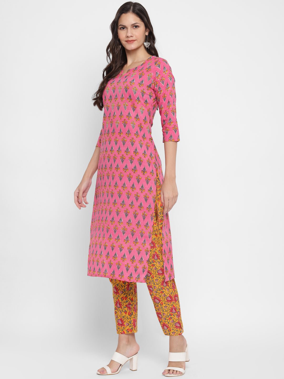 NOZ2TOZ Women's Embroidered & Printed Straight Cotton Pink Kurta With Pant - Swadesiicart