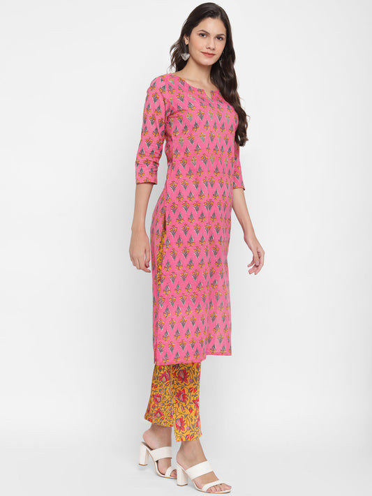NOZ2TOZ Women's Embroidered & Printed Straight Cotton Pink Kurta With Pant - Swadesiicart