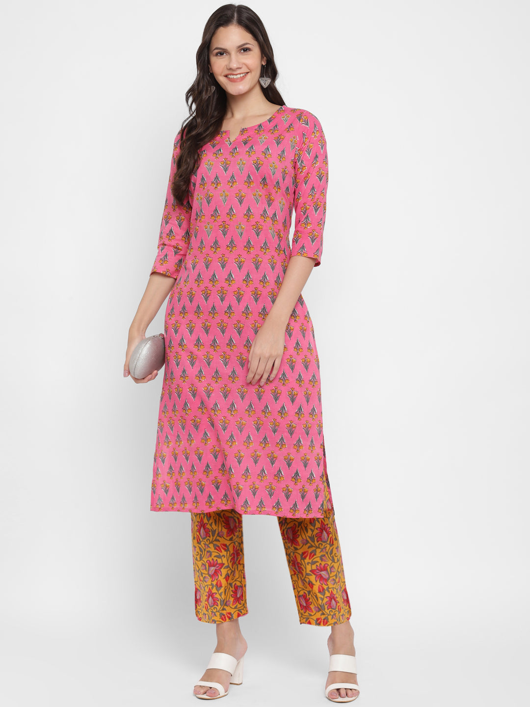 NOZ2TOZ Women's Embroidered & Printed Straight Cotton Pink Kurta With Pant - Noz2Toz