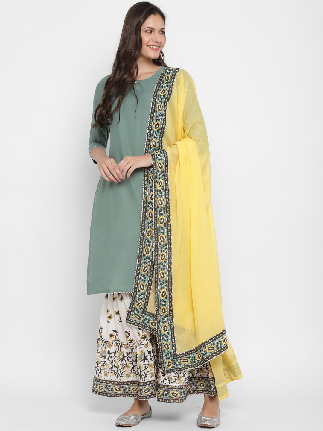 NOZ2TOZ Women's Solid, Sequence & Gotta Patti Straight Cotton Olive Green Kurta Sharara With Dupatta - Swadesiicart