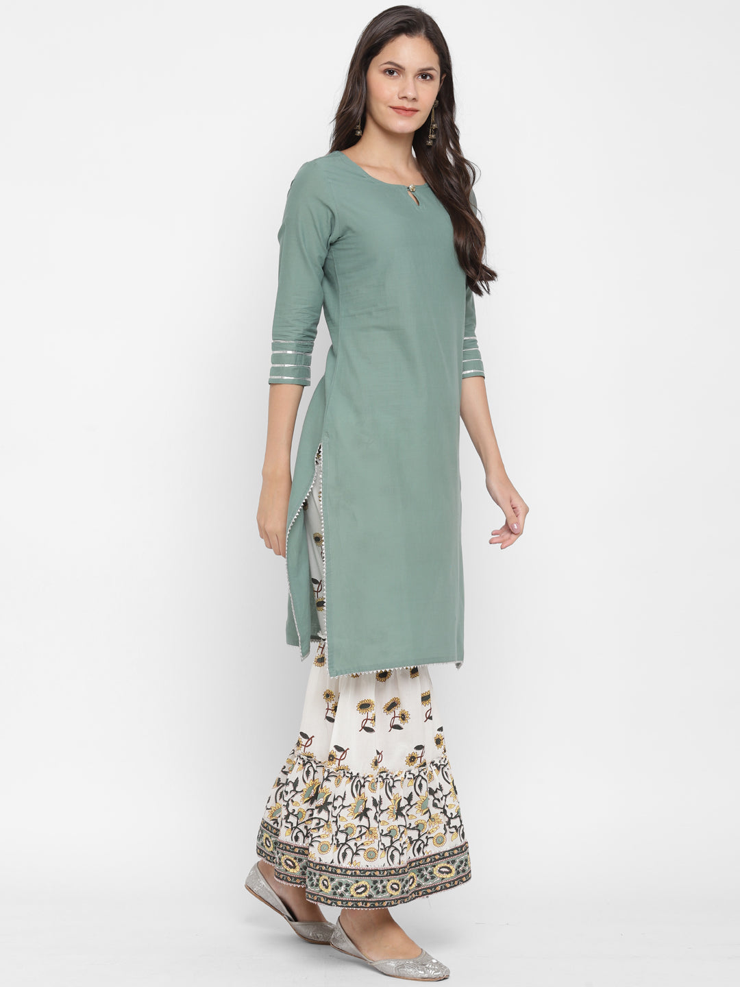 NOZ2TOZ Women's Solid, Sequence & Gotta Patti Straight Cotton Olive Green Kurta Sharara With Dupatta - Swadesiicart