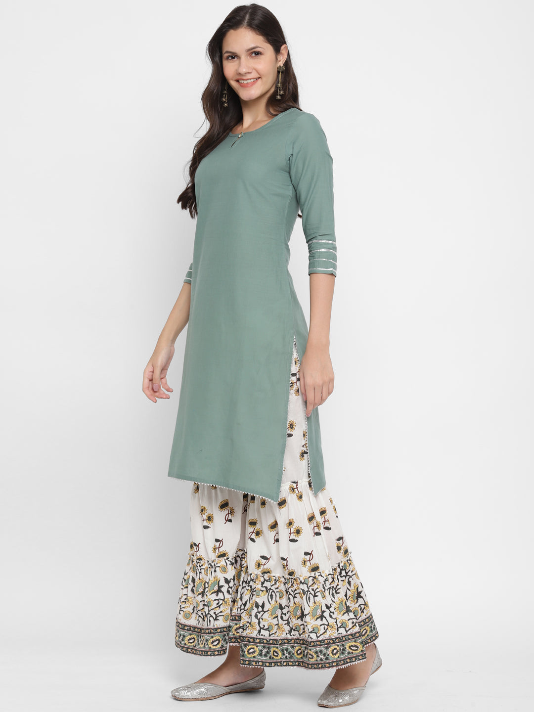 NOZ2TOZ Women's Solid, Sequence & Gotta Patti Straight Cotton Olive Green Kurta Sharara With Dupatta - Swadesiicart