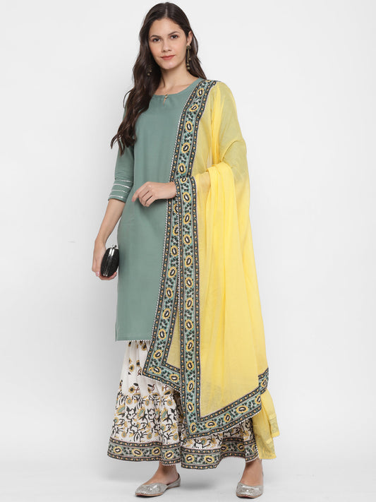 NOZ2TOZ Women's Solid, Sequence & Gotta Patti Straight Cotton Olive Green Kurta Sharara With Dupatta - Noz2Toz