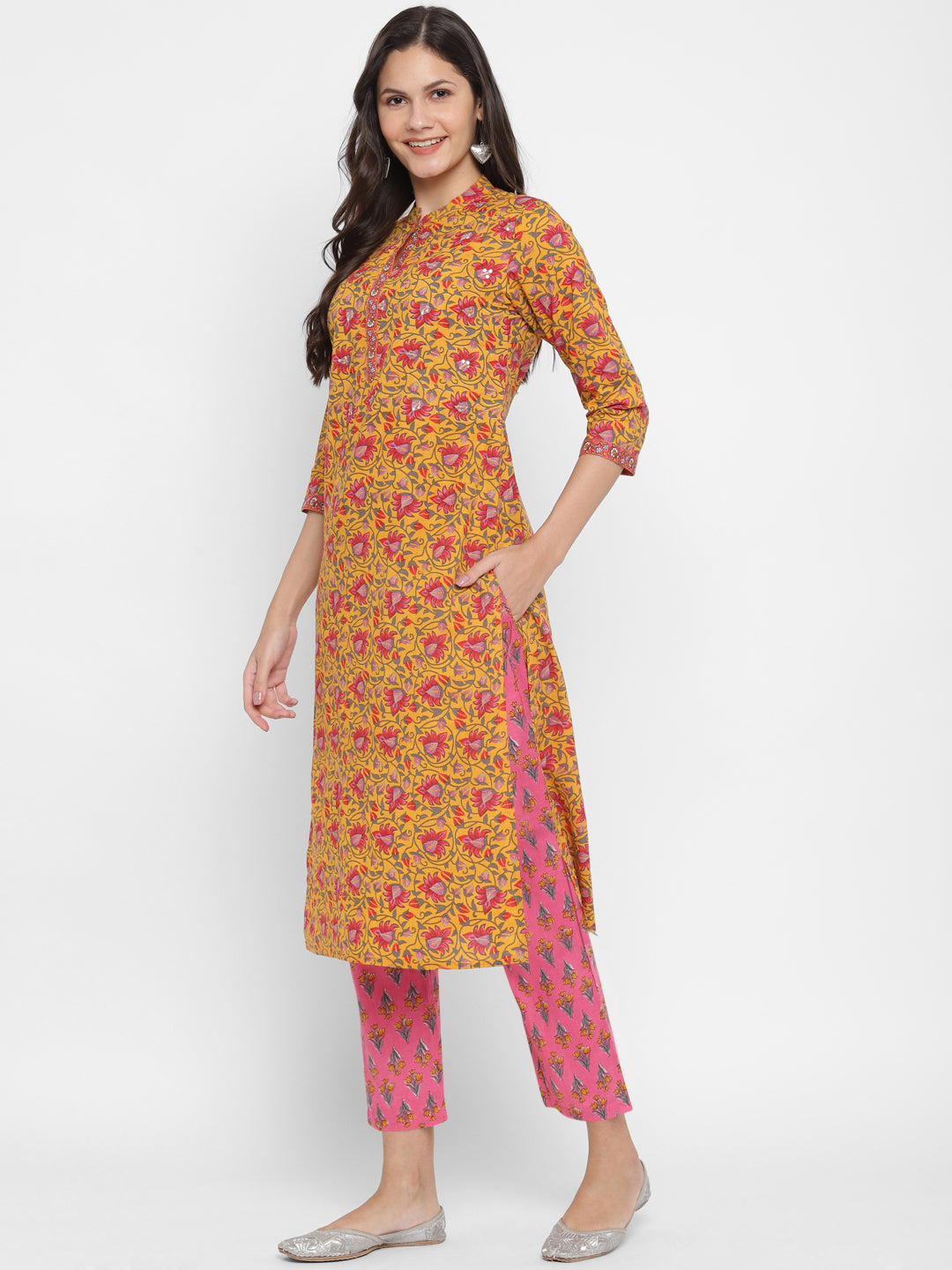 NOZ2TOZ Women's Sequin Mustard Kurta With Pant- (2pcs Set) - Swadesiicart