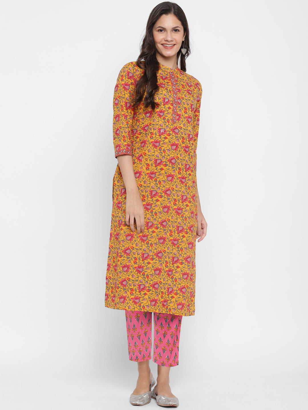 NOZ2TOZ Women's Sequin Mustard Kurta With Pant- (2pcs Set) - Noz2Toz