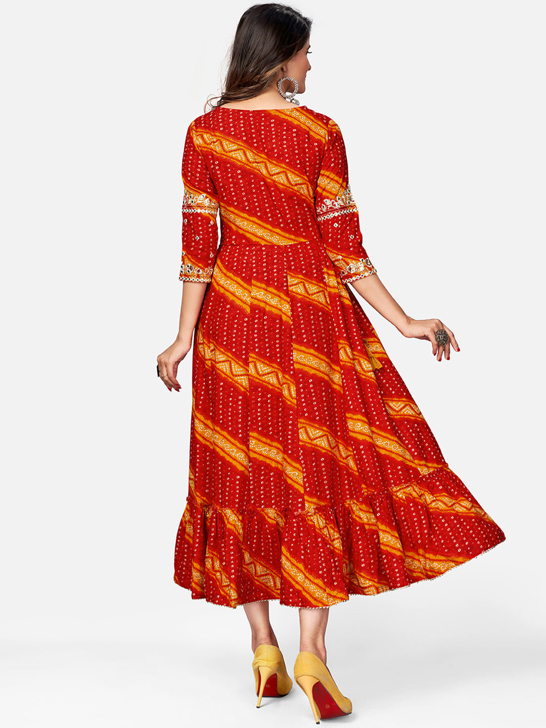 NOZ2TOZ Women's Red Bandhani Anarkali Kurta- (1pc Set) - Swadesiicart