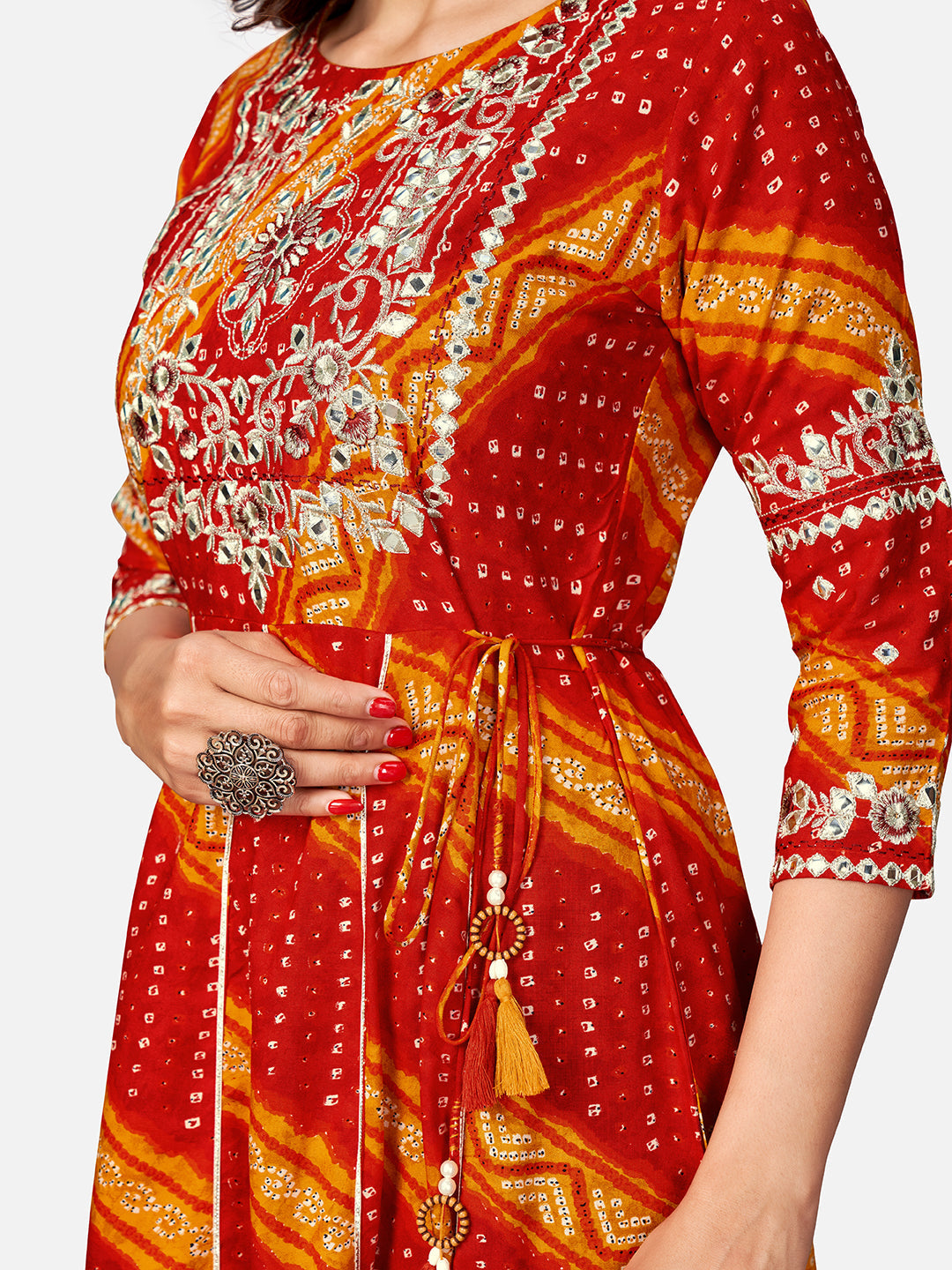 NOZ2TOZ Women's Red Bandhani Anarkali Kurta- (1pc Set) - Swadesiicart