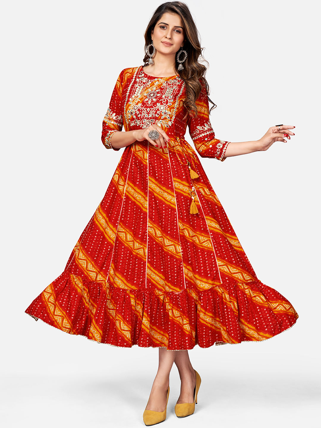 NOZ2TOZ Women's Red Bandhani Anarkali Kurta- (1pc Set) - Noz2Toz