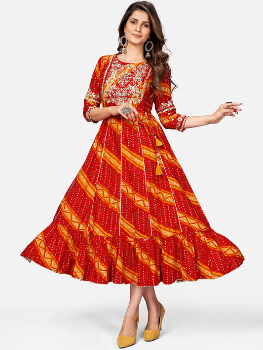 NOZ2TOZ Women's Red Bandhani Anarkali Kurta- (1pc Set) - Noz2Toz