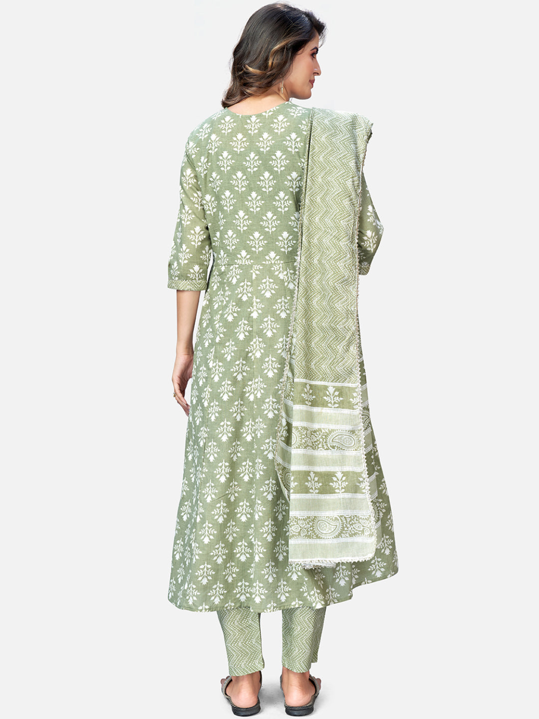 NOZ2TOZ Women Pista Green Anarkali Cotton Kurta With Pant & Dupatta (3pcs Set) - Swadesiicart
