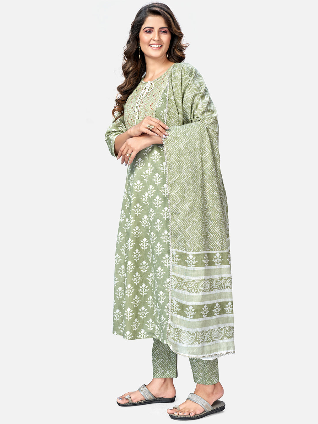 NOZ2TOZ Women Pista Green Anarkali Cotton Kurta With Pant & Dupatta (3pcs Set) - Swadesiicart
