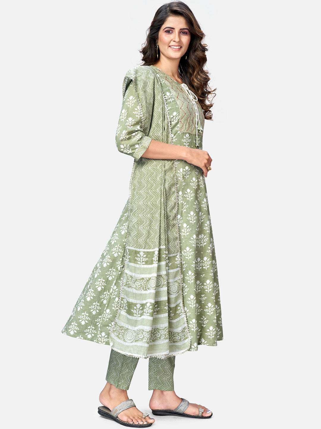 NOZ2TOZ Women Pista Green Anarkali Cotton Kurta With Pant & Dupatta (3pcs Set) - Swadesiicart