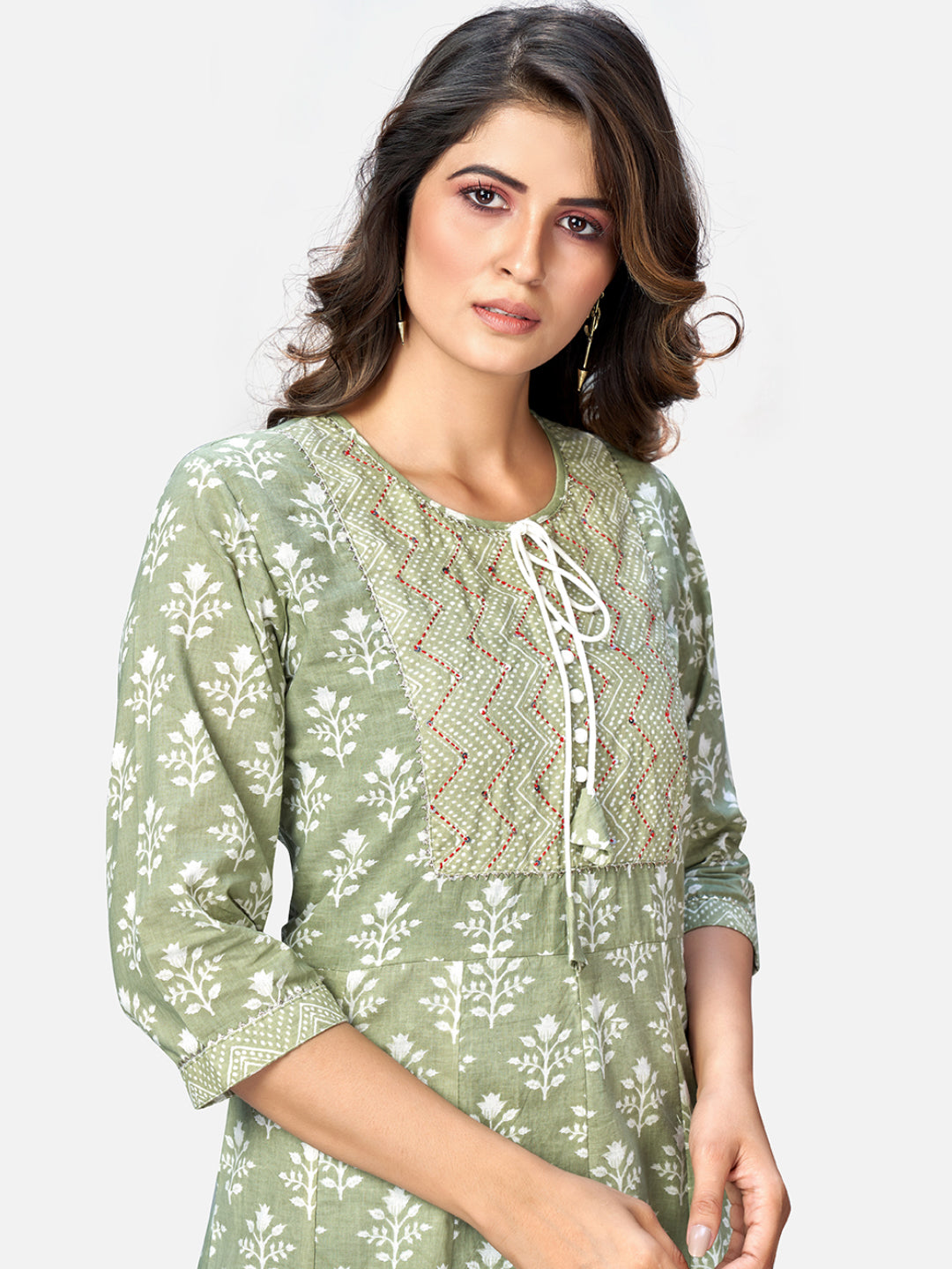NOZ2TOZ Women Pista Green Anarkali Cotton Kurta With Pant & Dupatta (3pcs Set) - Swadesiicart