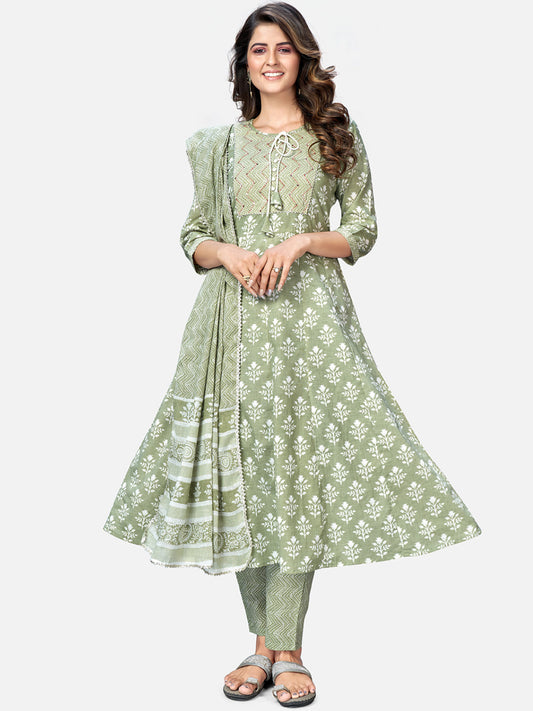 NOZ2TOZ Women Pista Green Anarkali Cotton Kurta With Pant & Dupatta (3pcs Set) - Noz2Toz