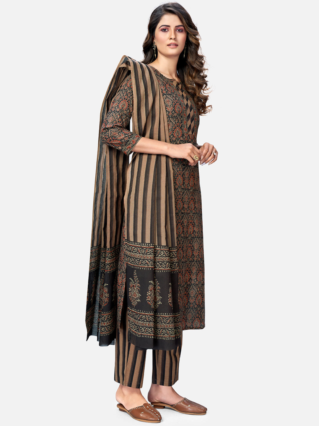 NOZ2TOZ Women's Brown Printed Kurta & Pant With Dupatta- (3pcs set) - Swadesiicart