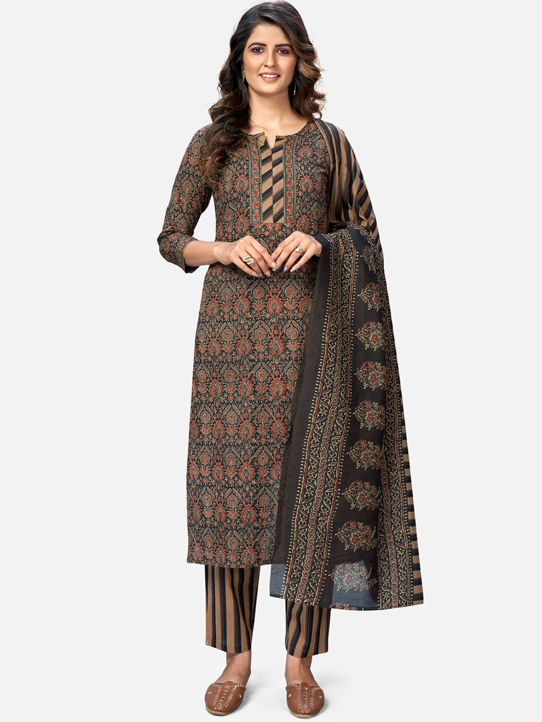 NOZ2TOZ Women's Brown Printed Kurta & Pant With Dupatta- (3pcs set) - Noz2Toz