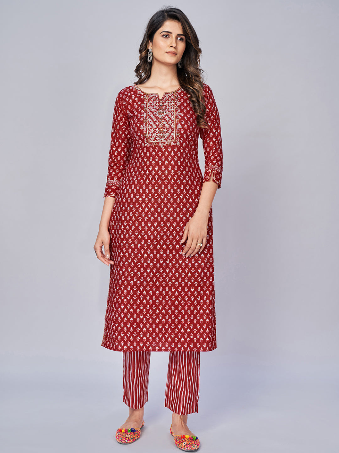 NOZ2TOZ Women's Printed & Embroidered Straight Cotton Red Kurta Pant With Dupatta - Swadesiicart