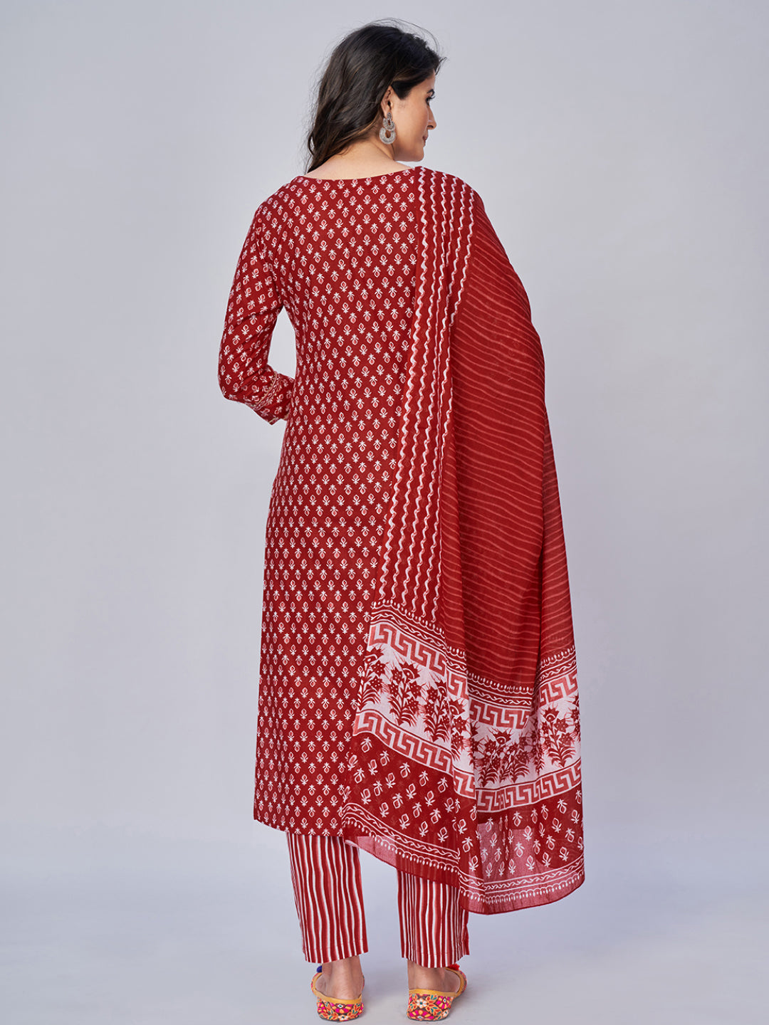 NOZ2TOZ Women's Printed & Embroidered Straight Cotton Red Kurta Pant With Dupatta - Swadesiicart