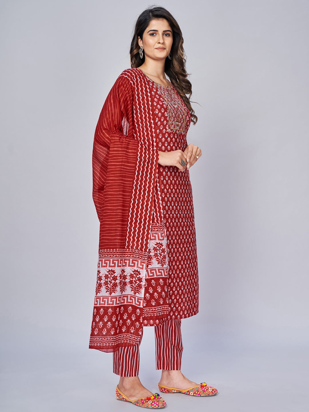 NOZ2TOZ Women's Printed & Embroidered Straight Cotton Red Kurta Pant With Dupatta - Swadesiicart