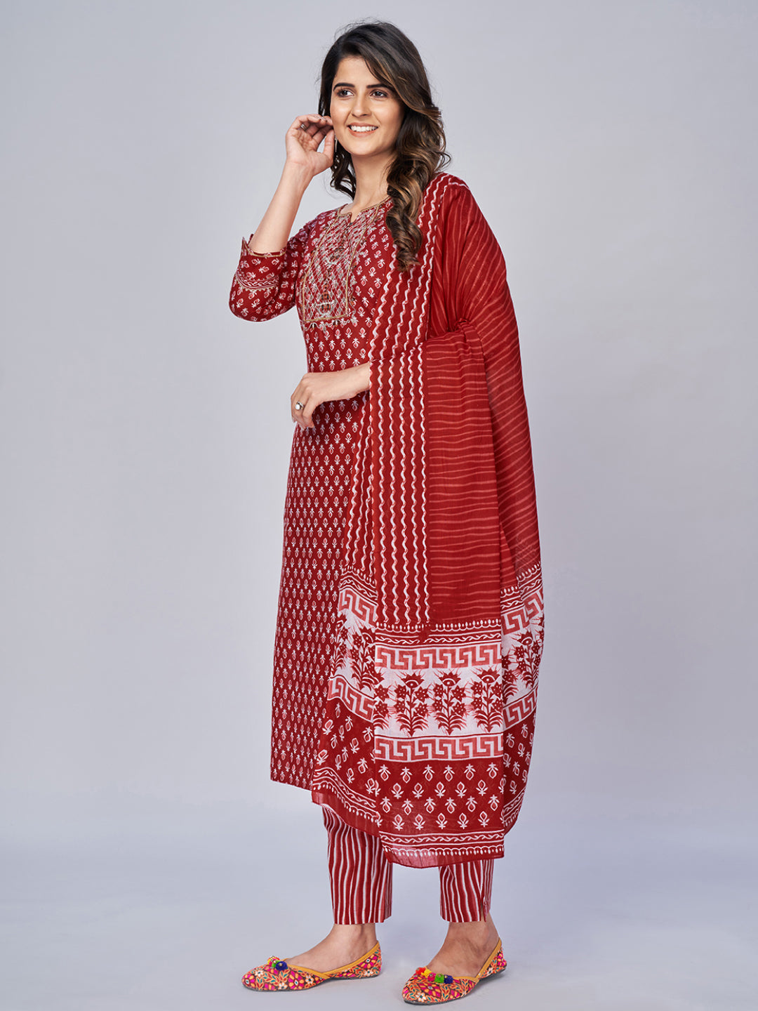 NOZ2TOZ Women's Printed & Embroidered Straight Cotton Red Kurta Pant With Dupatta - Swadesiicart