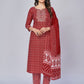NOZ2TOZ Women's Printed & Embroidered Straight Cotton Red Kurta Pant With Dupatta - Noz2Toz
