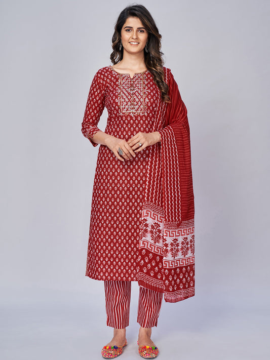 NOZ2TOZ Women's Printed & Embroidered Straight Cotton Red Kurta Pant With Dupatta - Noz2Toz