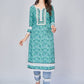 NOZ2TOZ Women's Printed & Lace Work Straight Cotton Aqua Kurta Pant With Dupatta - Swadesiicart