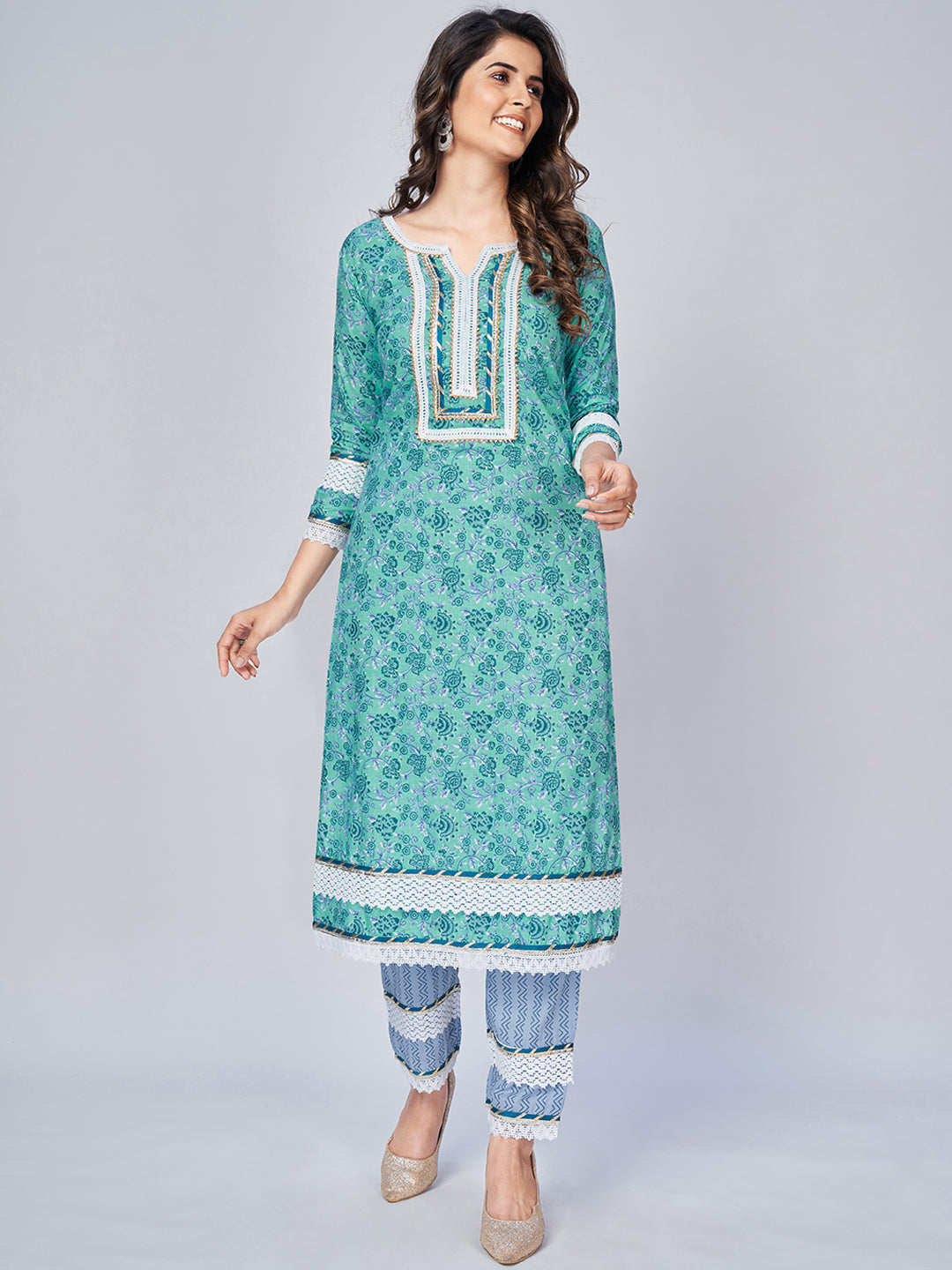 NOZ2TOZ Women's Printed & Lace Work Straight Cotton Aqua Kurta Pant With Dupatta - Swadesiicart