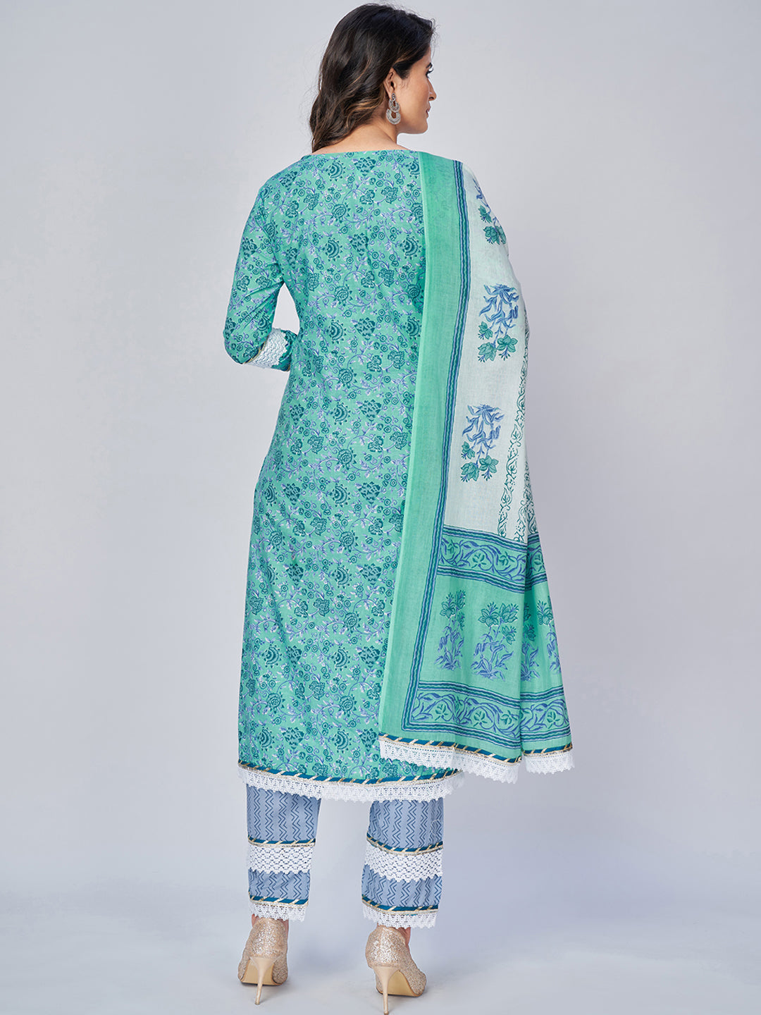NOZ2TOZ Women's Printed & Lace Work Straight Cotton Aqua Kurta Pant With Dupatta - Swadesiicart
