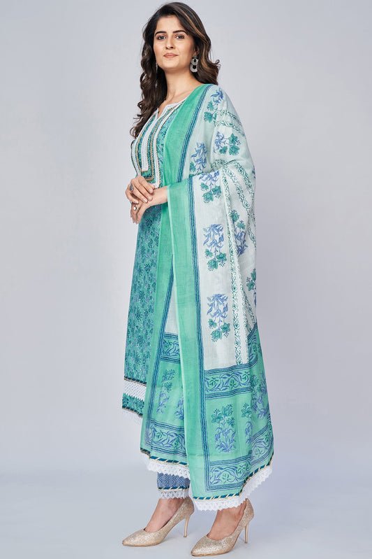 NOZ2TOZ Women's Printed & Lace Work Straight Cotton Aqua Kurta Pant With Dupatta - Noz2Toz