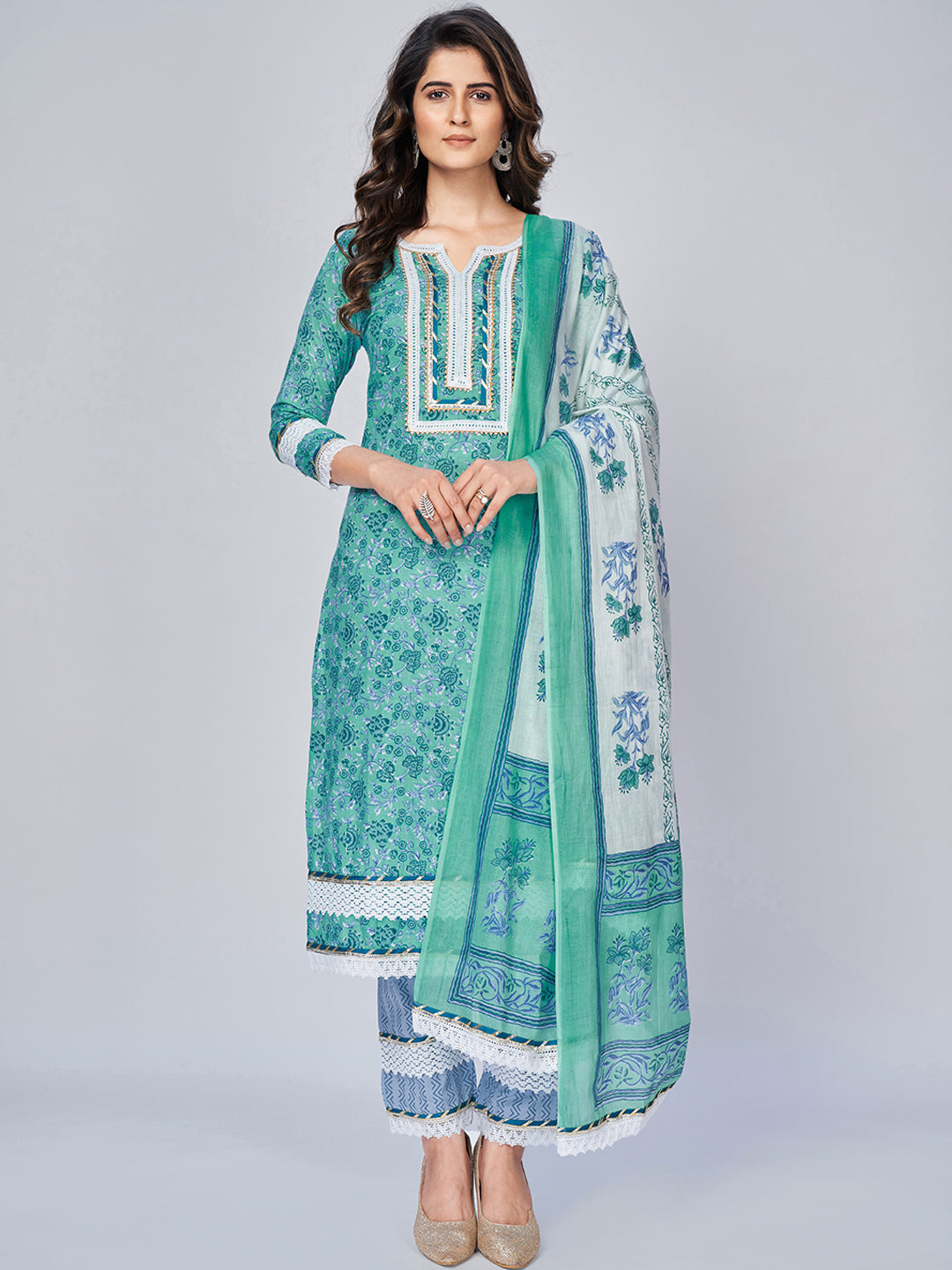 NOZ2TOZ Women's Printed & Lace Work Straight Cotton Aqua Kurta Pant With Dupatta - Swadesiicart