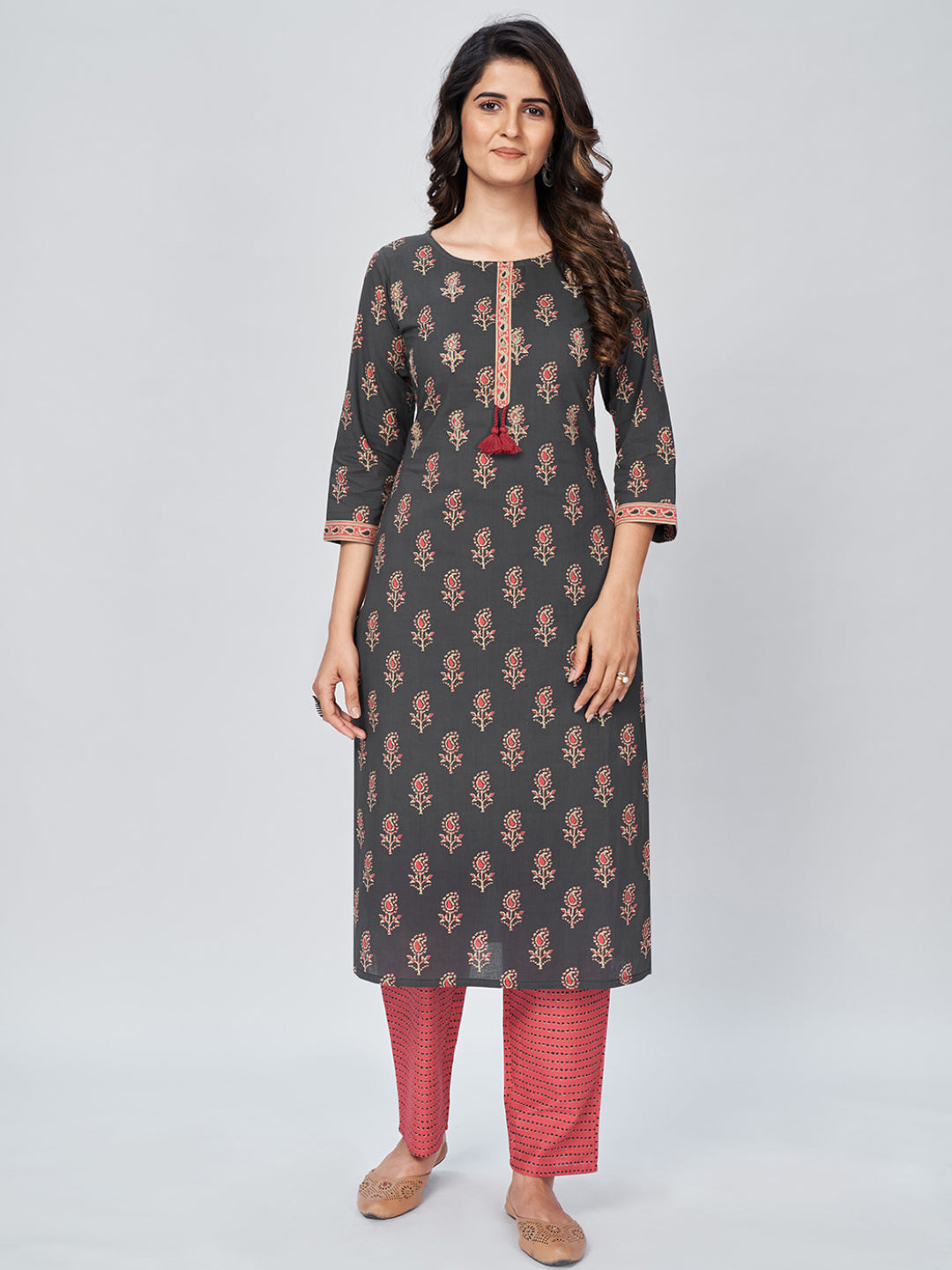 NOZ2TOZ Women's Printed & Embroidered Straight Cotton Grey Kurta Pant With Dupatta - Swadesiicart