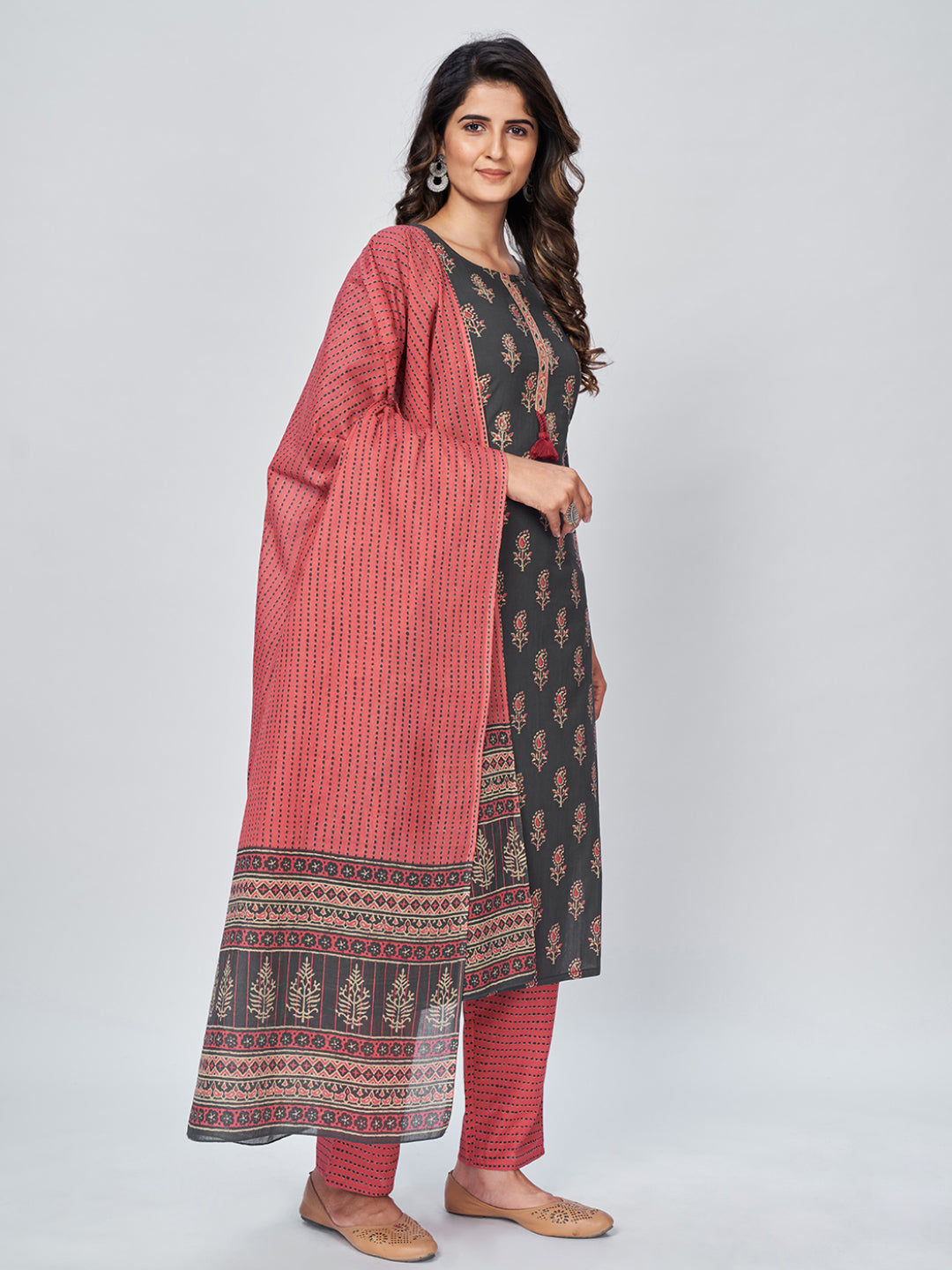 NOZ2TOZ Women's Printed & Embroidered Straight Cotton Grey Kurta Pant With Dupatta - Swadesiicart