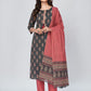 NOZ2TOZ Women's Printed & Embroidered Straight Cotton Grey Kurta Pant With Dupatta - Noz2Toz
