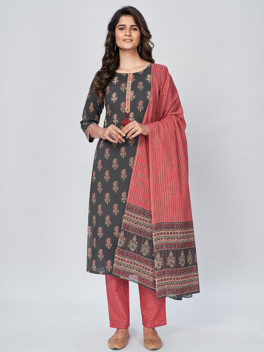 NOZ2TOZ Women's Printed & Embroidered Straight Cotton Grey Kurta Pant With Dupatta - Noz2Toz