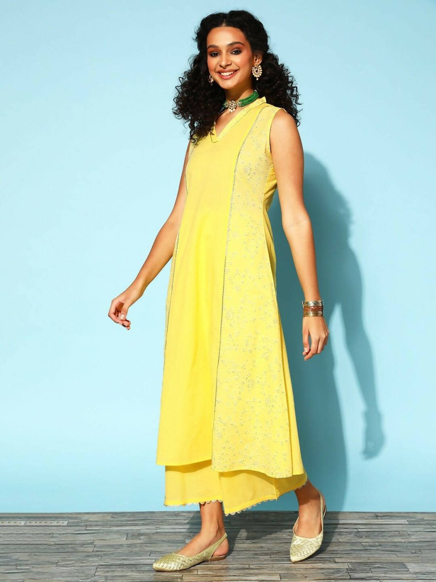 Ahalyaa Women Yellow Colour Cotton Printed Kurta Palazzo Set | Swadesiicart