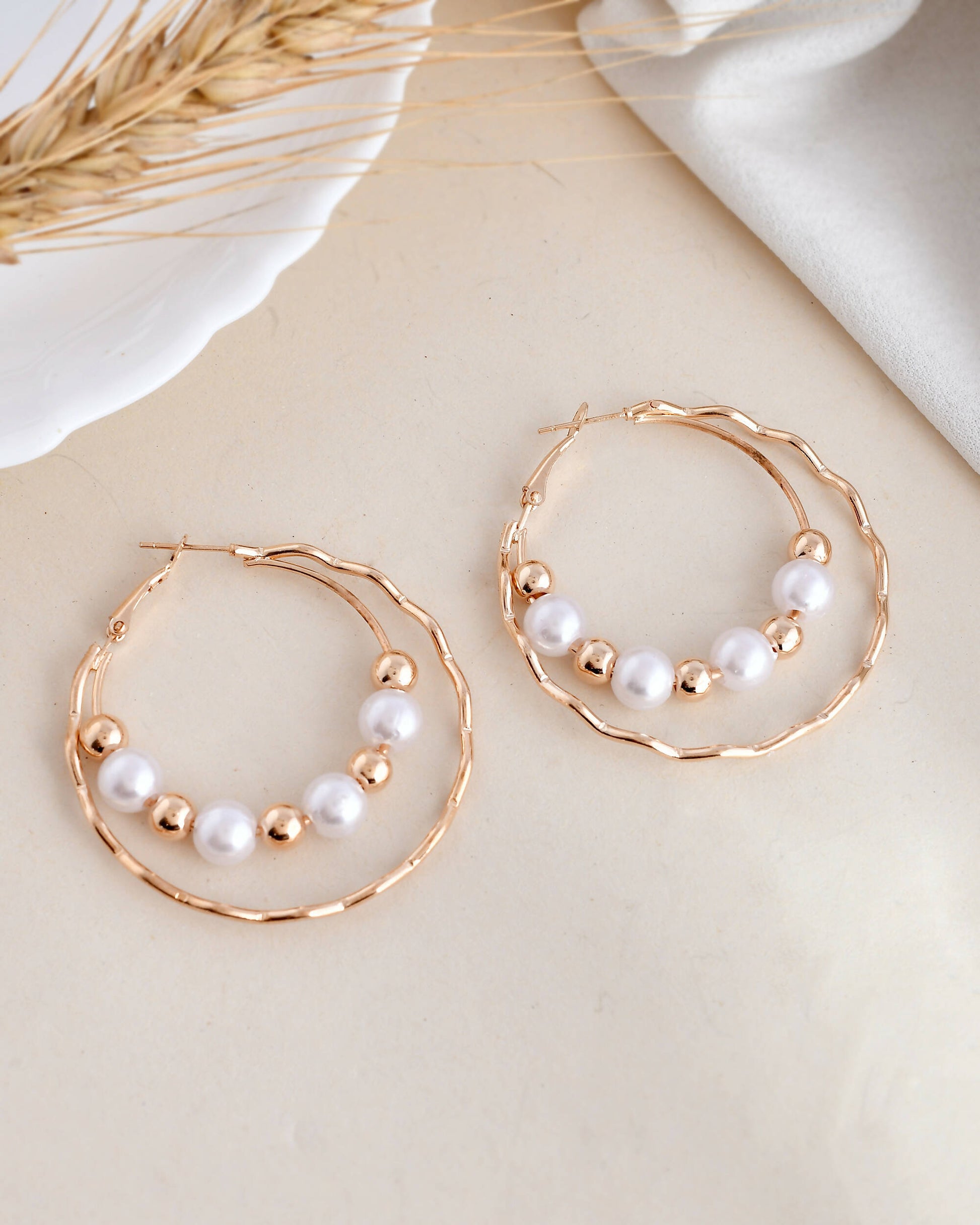 VOJ Women Gold-Polished Pearl Stainless Steel Hoop Earrings - Swadesiicart