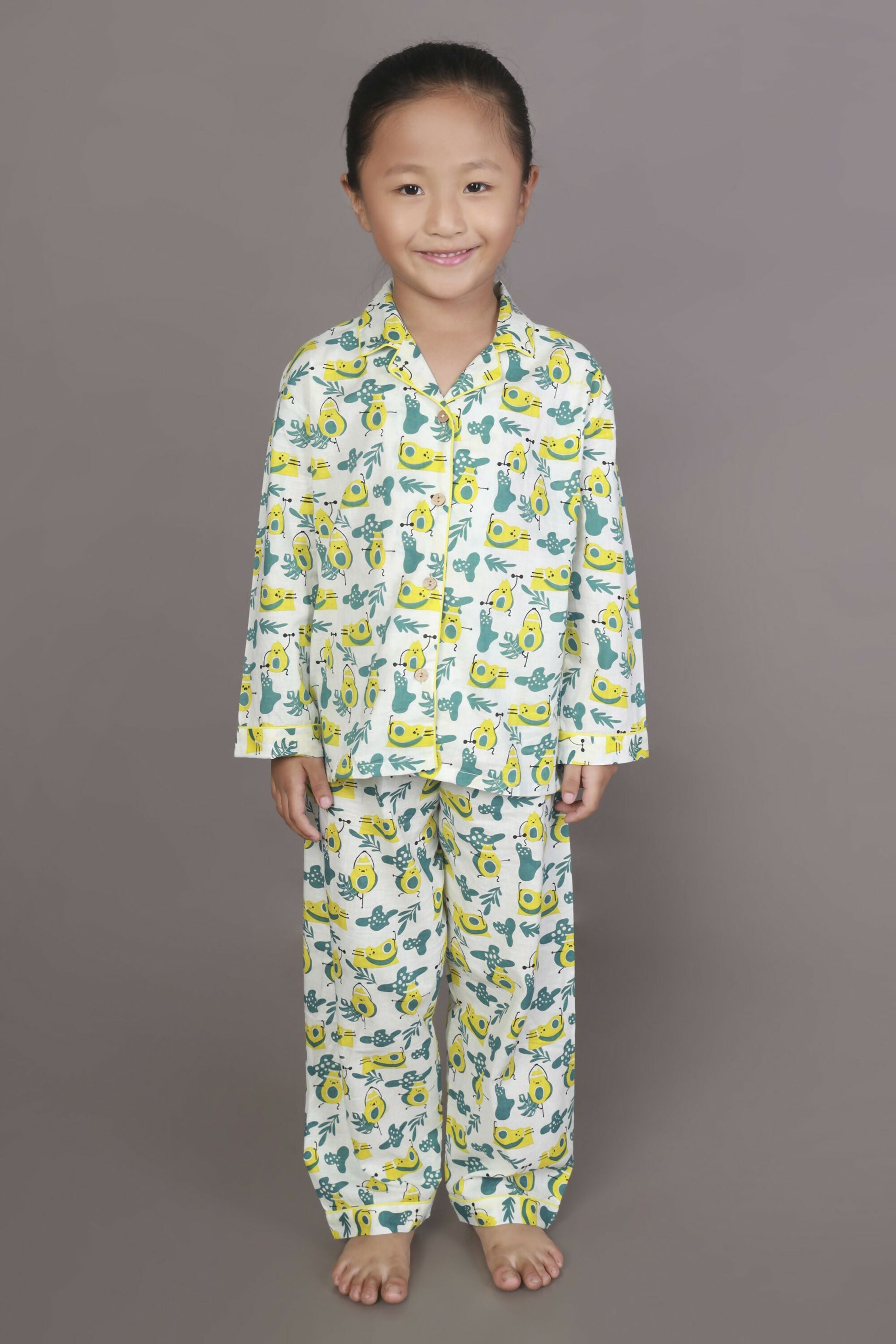 Breathables Kids Cotton Night Suit – White Avocado Print Shirt & Pyjama Co-Ord Set For Boys & Girls