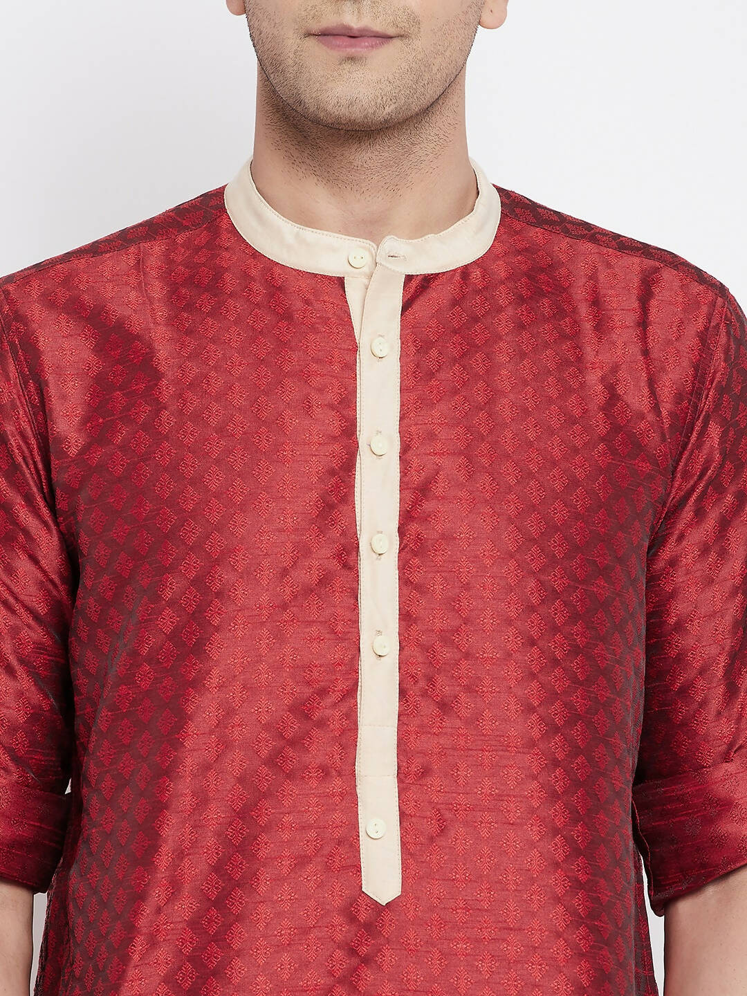 Even Apparels Red Art Silk Men's Kurta With Contrast Collar And Placket | Swadesiicart