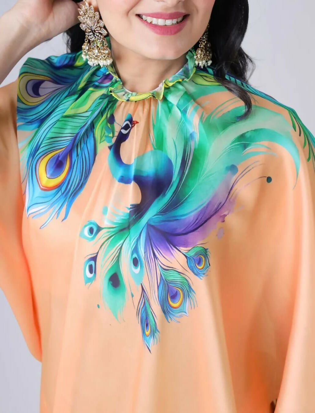 Vastranavya Peach Peacock Print Free Hand Ready to Wear Saree | Swadesiicart