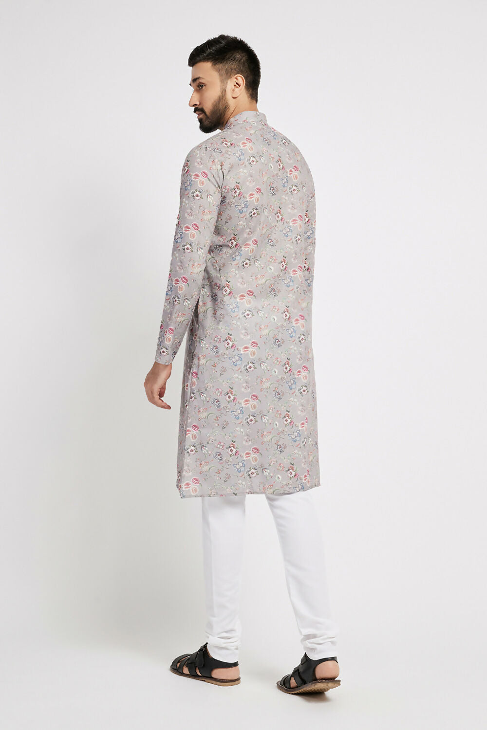 Ethnic India Grey Men's Kurta Floral Polyester | Swadesiicart