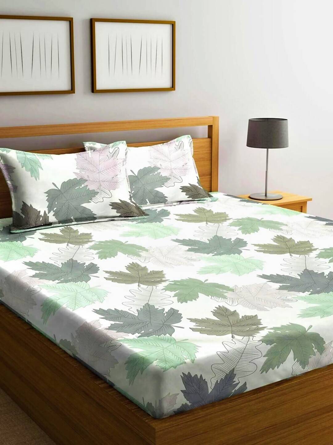 Home Sizzler White & Green Floral 210 TC Bedsheet with Pillow Covers - Swadesiicart