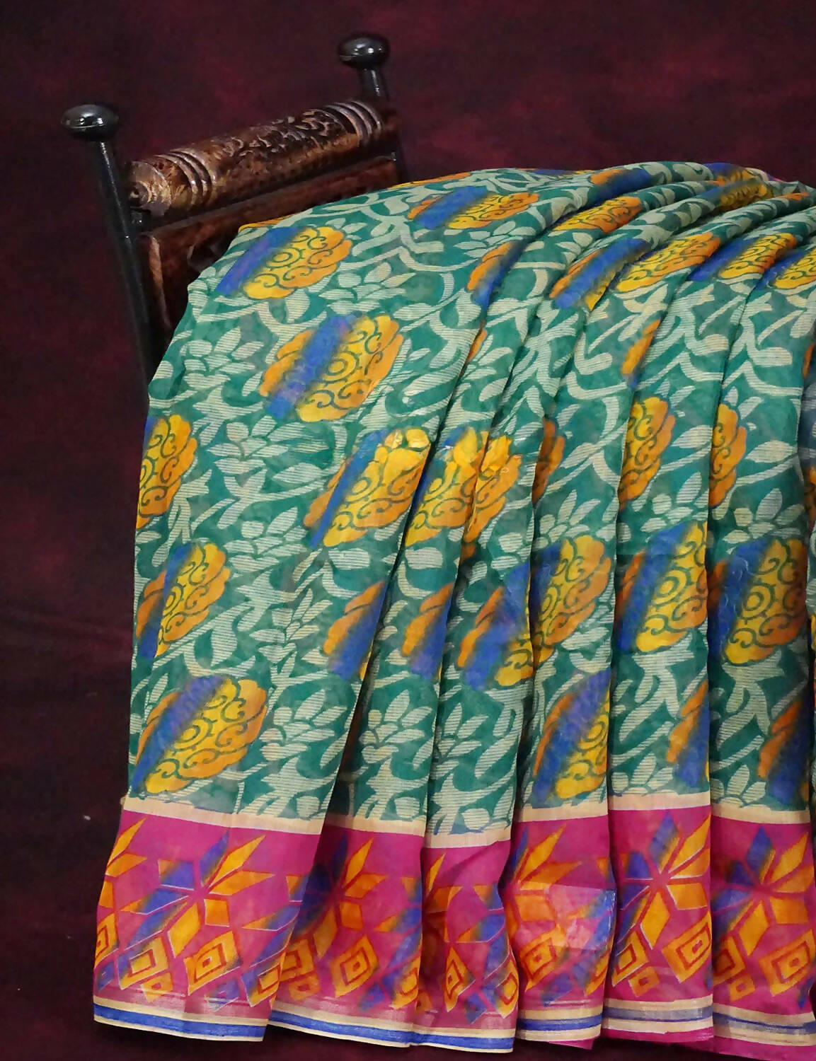 Rama Green Printed Semi Chanderi Saree By Gayathri Reddy Designer Studio | Swadesiicart