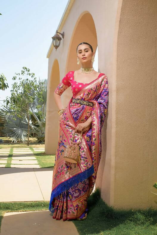 Vishnu Weaves Women's Purple Paithani Silk Zari Woven Saree with Unstitched Blouse - Swadesiicart