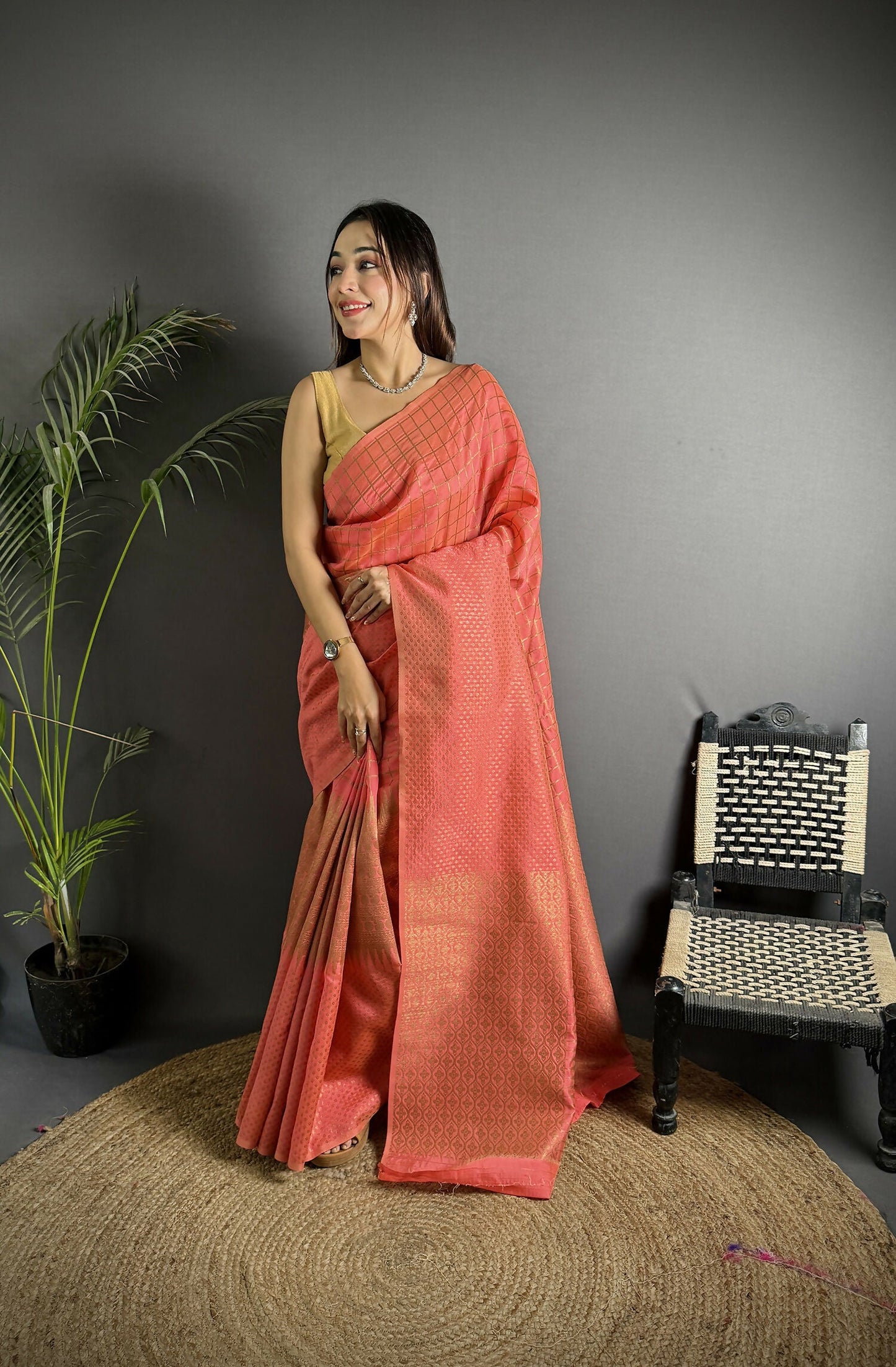 Joban Fashion Peach Banarasi Soft Lichi Silk Checks & Woven Saree | Swadesiicart