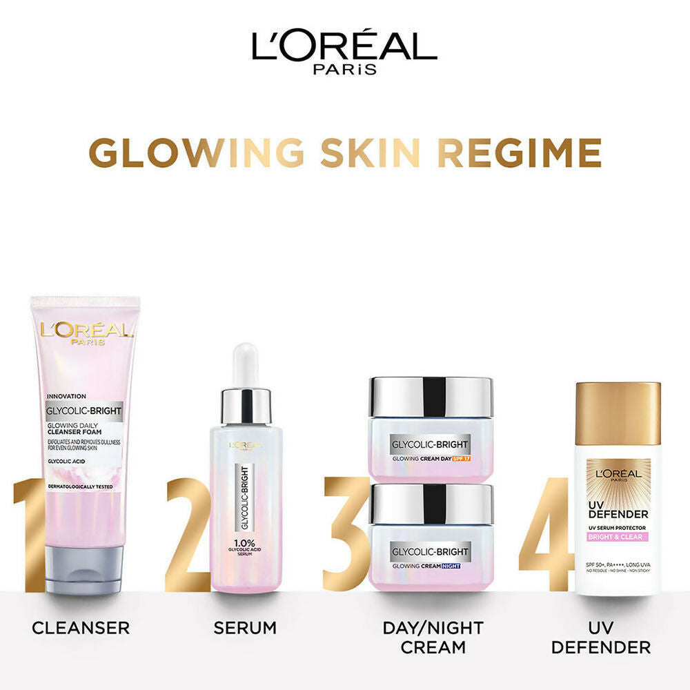 L'Oreal Paris Glycolic Acid Glowing And Protecting CSMS (Cleanser, Serum, Moisturizer, Sunscreen) Regime Kit | Swadesiicart