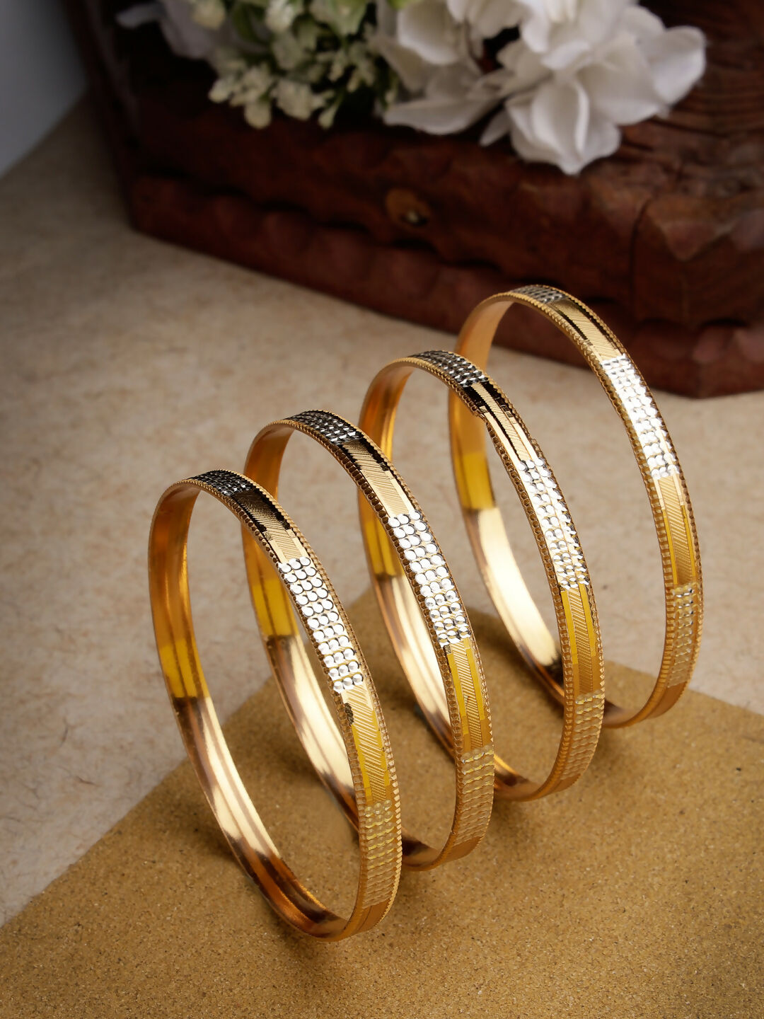 NVR Women's Set of 4 Gold-Polished CZ-Studded Traditional Bangles - Swadesiicart