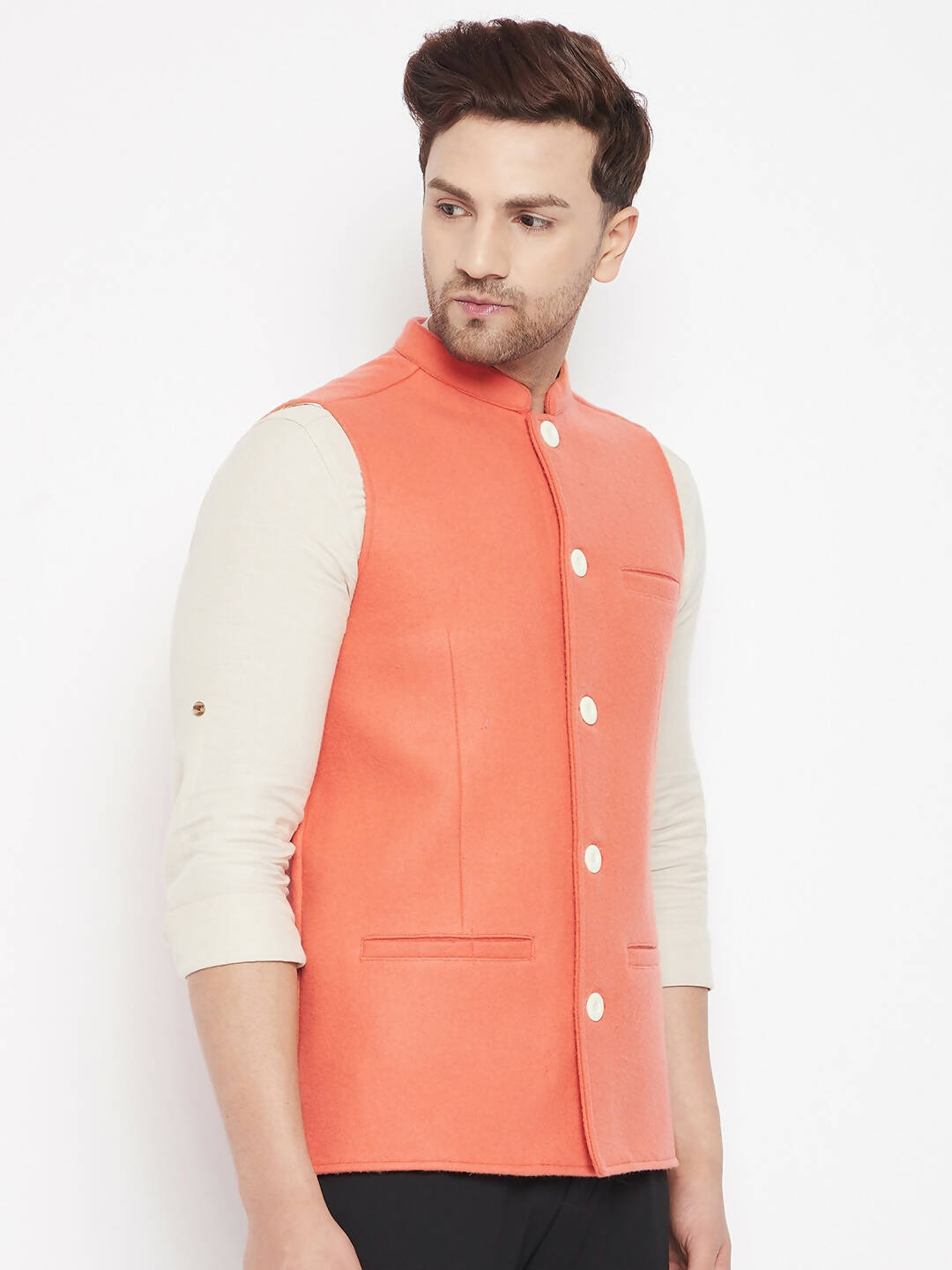 Even Apparels Orange Wool Men Woven Nehru Jacket | Swadesiicart