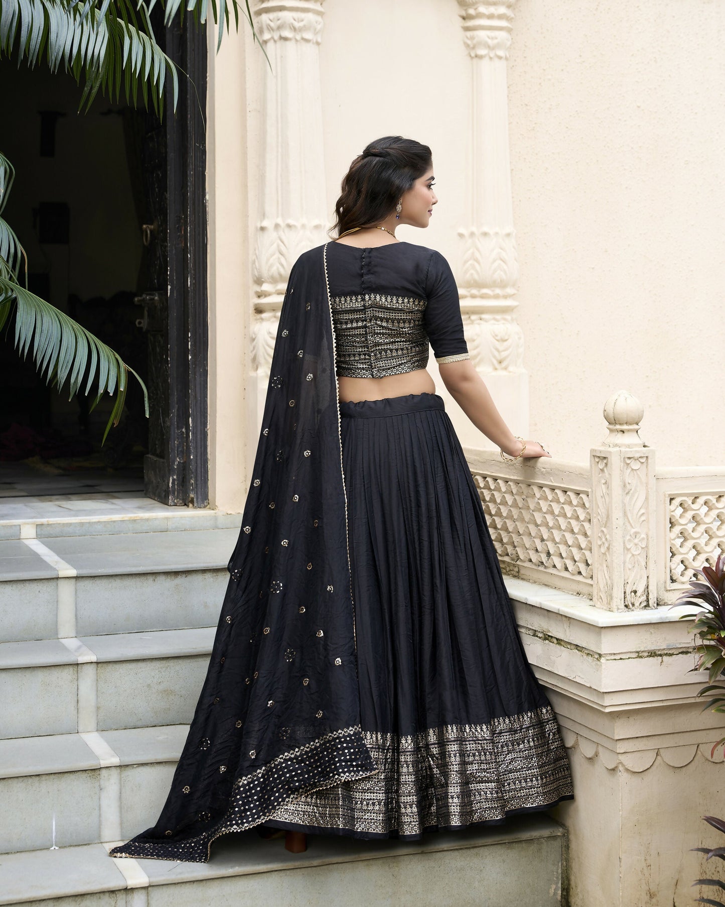 Lorenvalley Black Pure Chanderi Plain With Zari Weaving Work Border Lehenga Choli | Swadesiicart